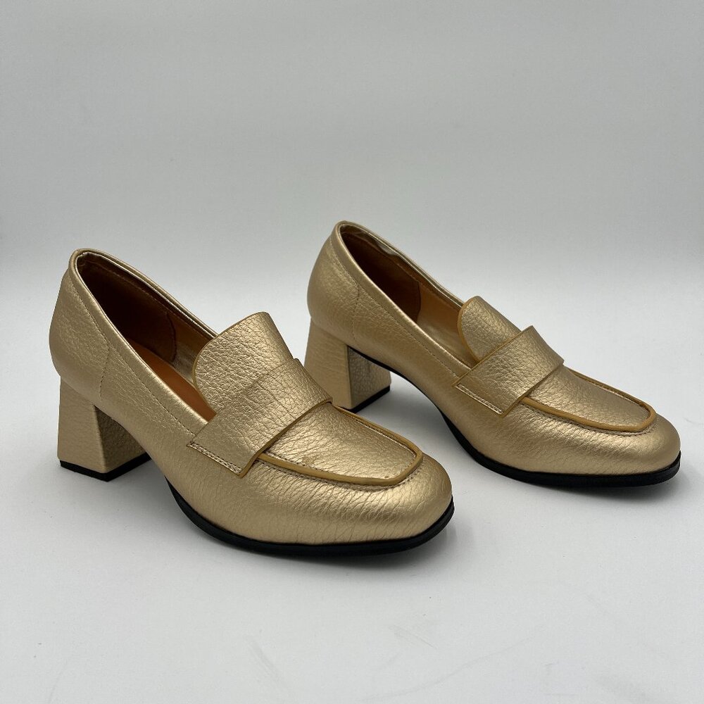 Gold Women's Loafer Slip Ons Closed Toe Block Heels Pumps Formal Casual Shoes